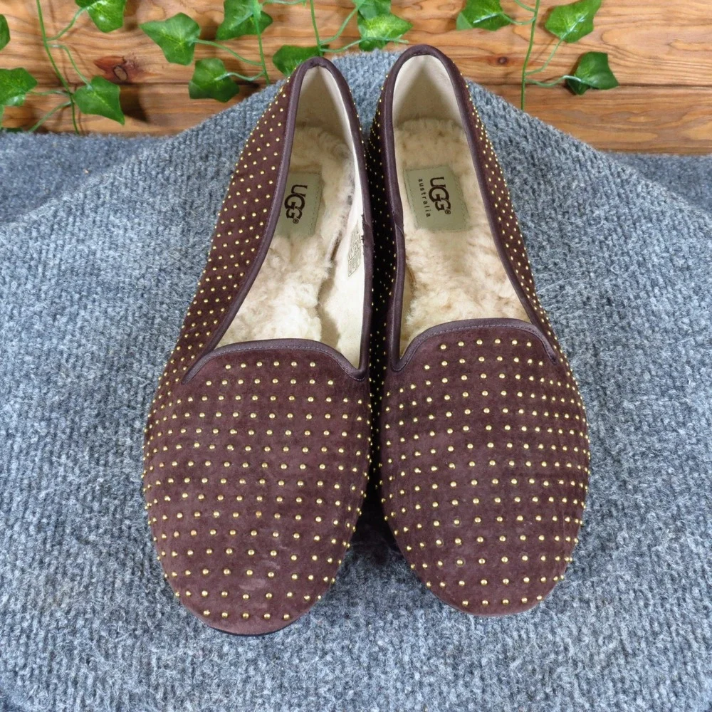 UGG Alloway Womens Loafer Flat Size 9.5 Comfort Brown Studded Suede Slipper